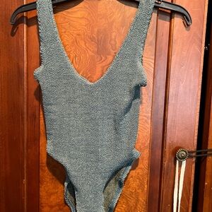 bond-eye Mara Textured Deep V One-Piece Swimsuit shimmer Seafoam one size